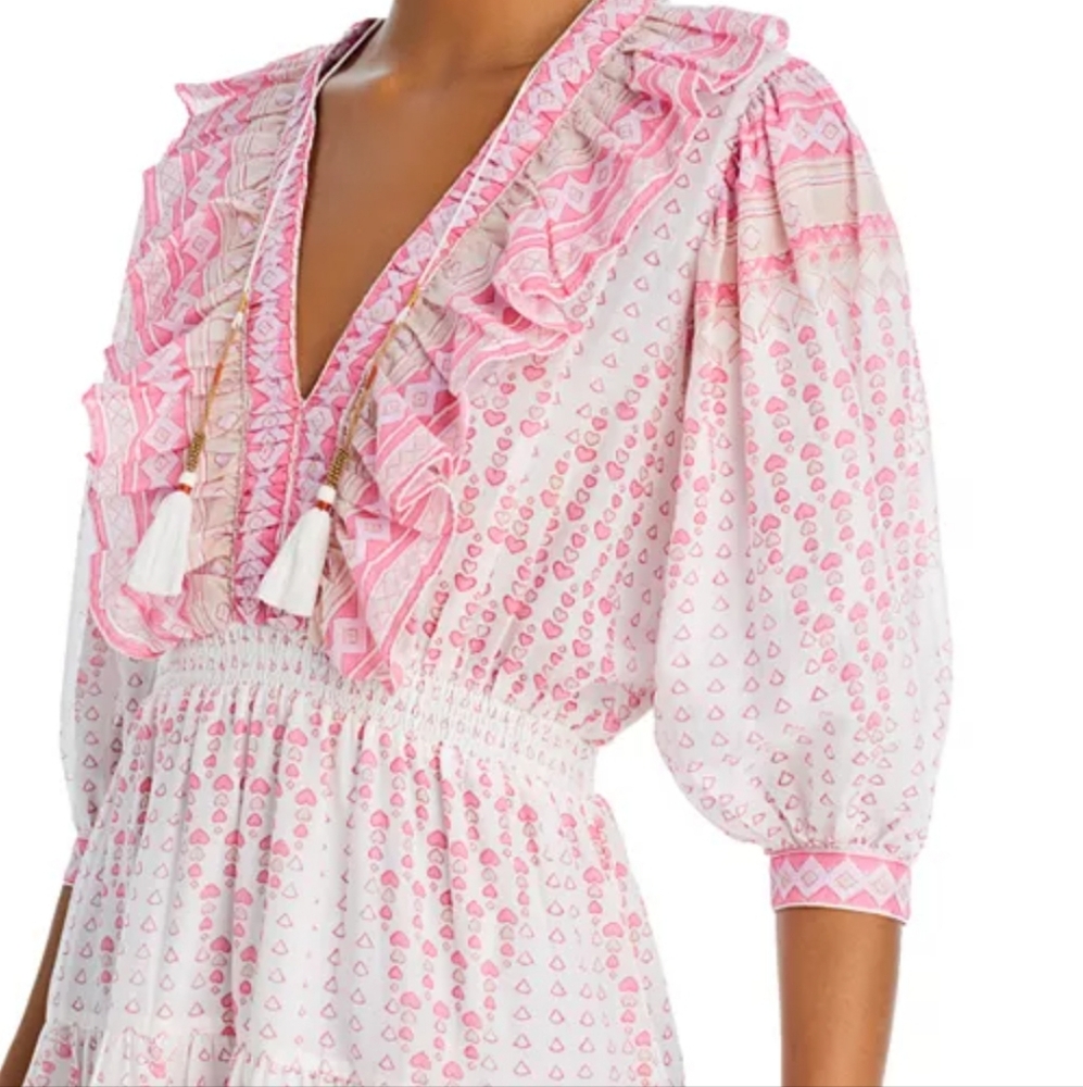 Bell Rain Light Past‎ pink Multi Puff Sleeve Mini Dress Silk Sz Large
